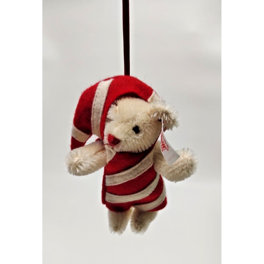 Vintage Steiff Teddy Bear White Candy Cane Outfit Christmas Tree Ornament 4-1/2"